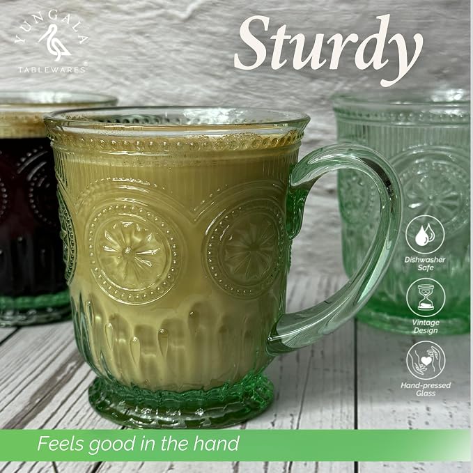 Green Glass Coffee Cups - Set of 4 Vintage Coffee Mugs – 10oz Vintage Tea Cups, Pastel Apple Green Aesthetic Mug Set, Unique Tea Cup Glass with Sunflower Design, Dishwasher Safe, Lead-Free