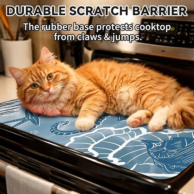 Decorative Stove Top Covers for Electric Stove 28"x20" – Heat Resistant Glass Cooktop Protector Dish Drying Mat – Non-Slip Rubber Backing Washer Top Cover Waterproof Extra Counter Space (Ocean 2)