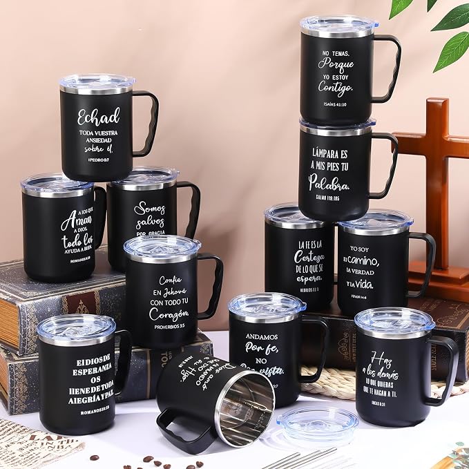 Sieral 12 Pcs Christian Gifts Coffee Mugs with Straw Lid 17 oz Religious Cups with Bible Stainless Steel Tumbler Inspirational Gifts for Women Men Pastor's Church Group(Black,Spanish)