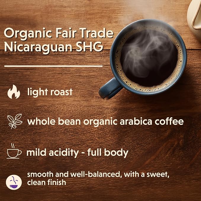 Coffee Bean Direct Organic Fair Trade Nicaraguan SHG, Whole Bean Coffee, Arabica Coffee, Light Roast, 1 Pound Bag (Pack of 1)