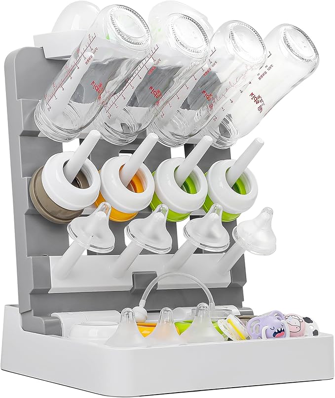 Baby Bottle Drying Rack, Vertical Standing Bottle Drying Rack Holder-Space Saving Baby Bottle Organizer for Countertop-Holds Up to 12 Baby Bottles & Pump Parts (White & Dark Gray)