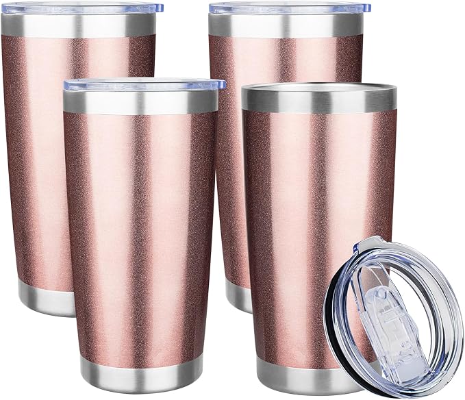 20oz Tumbler with Lid Stainless Steel Insulated Tumblers Travel Coffee Tumbler Bulk Double Wall Vacuum Insulated Water Cup Gifts for Christmas Women Men Her Him Home Office(Rose Gold, 4pack)