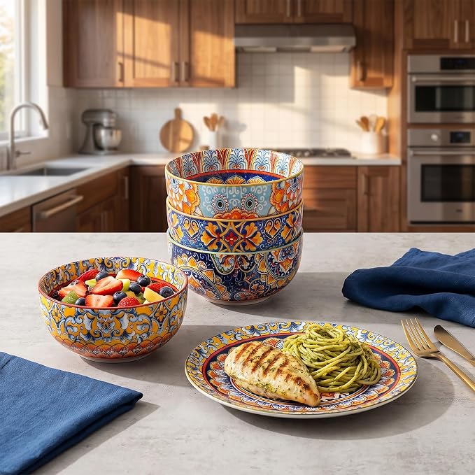 12-Piece Bohemian Porcelain Dinnerware & Dish Sets for 4 – Microwave & Dishwasher Safe, Scratch & Chip Resistant, Colorful Ceramic Plates & Bowls for Kitchen, Wall Decor & Housewarming Gift