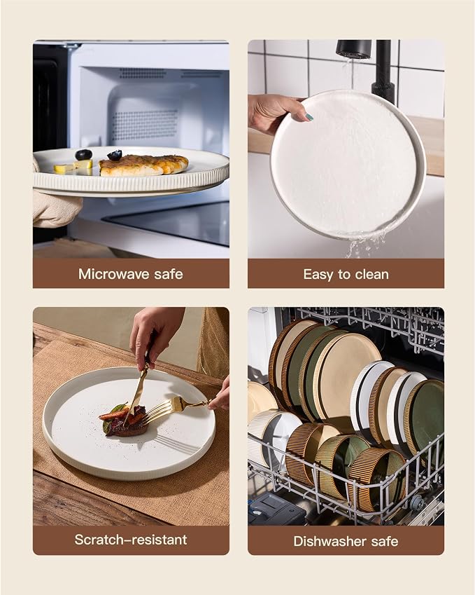 8-Piece Ceramic Plates and Bowls Sets for 4, Matte White | Handcrafted reactive glaze stoneware dinnerware. Chip & scratch resistant. Microwave & dishwasher safe. Everyday/formal use.