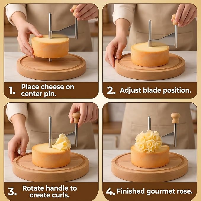 Cheese Curler Wheel for SEMI Hard Cheese, Girolle Cheese Shaver Tool for Charcuterie Boards & Entertaining, Create Cheese Flowers from Tete de Moine & Petit Basque, Wooden Base
