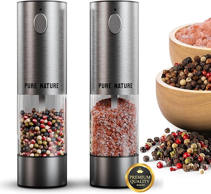 Pure Nature Electric Salt and Pepper Grinder Set with Rechargeable Base – Stainless Steel, Large Capacity, LED Light, 5 Adjustable Coarseness Levels, Refillable, Type-C Fast Charging