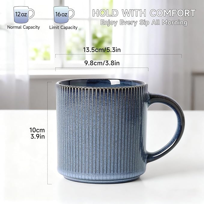 MONITO 16Oz Coffee Mugs Set of 4, Rustic Ceramic Coffee Cups Set with Large Handle, Vintage Striped Stoneware Coffee Mugs for Latte, Cocoa, Tea, Milk, Microwave & Dishwasher Safe, Deep Blue