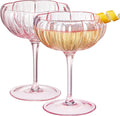 Khen Flower Modern Wavy Glass Coupes Martini, Champagne & Cocktail Coupes - Set of 2-7.7oz Colorful Cocktail Glasses & Prosecco, Mimosa Glassware Copyright Design - Blush Pink