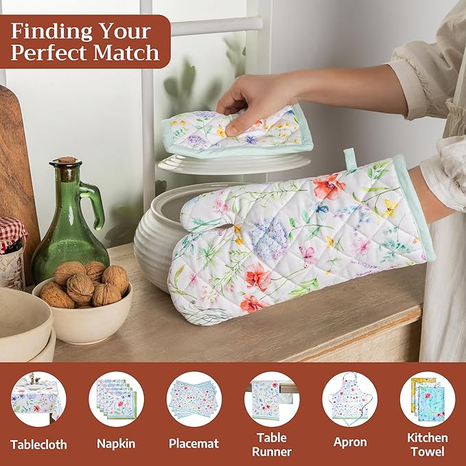 Maison d'Hermine Oven Gloves 100% Cotton Oven Mitt 7" x 13" with Loop Heat Resistant BBQ Cooking Gloves Baking Grilling Gifts for Mothers Day Spring/Summer (Pack of 1, Just Floral)