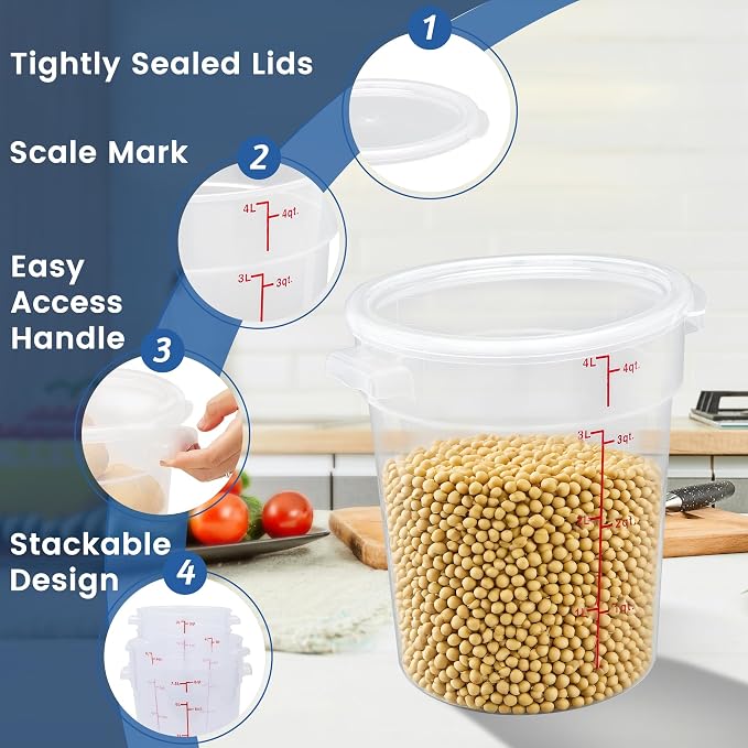 4 Pack 4QT Round Food Storage Containers with Lids | NSF, BPA-free PP containers with scale, label and measuring cup, stackable for prep, storage, freezer. Dishwasher safe