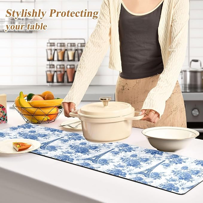 2 in 1 Table Runner Trivet for Hot Pots and Pans Heat Resistant Non Slip Waterproof 39 x 12 Inch Decorative Table Protector for Kitchen Countertop Blue Roses and Eiffel Tower