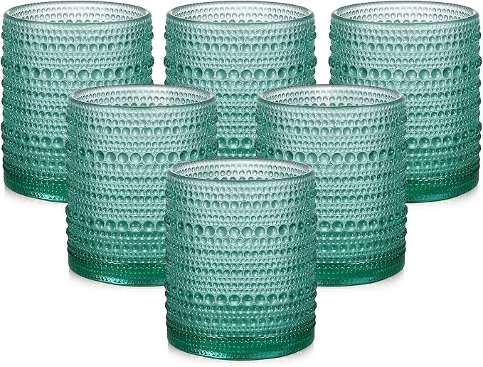 ZMOWIPDL Vintage Glassware Drinking Glasses Set of 6,12 oz Hobnail Glass Cups,Embossed Lake Blue Water Tumbler,for Beer,Cocktail,Whiskey,Juice and Various Mixed Drinks- 1 Cleaning Brush
