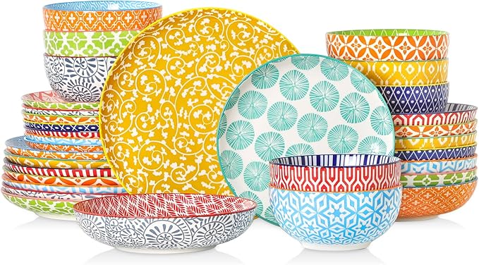 Selamica Ceramic Plates and Bowls Sets,32 Pieces Dinnerware Sets for 8,Scratch Resistant Dish Set for family gathering,Dishwasher & Microwave Safe, Assorted Colors