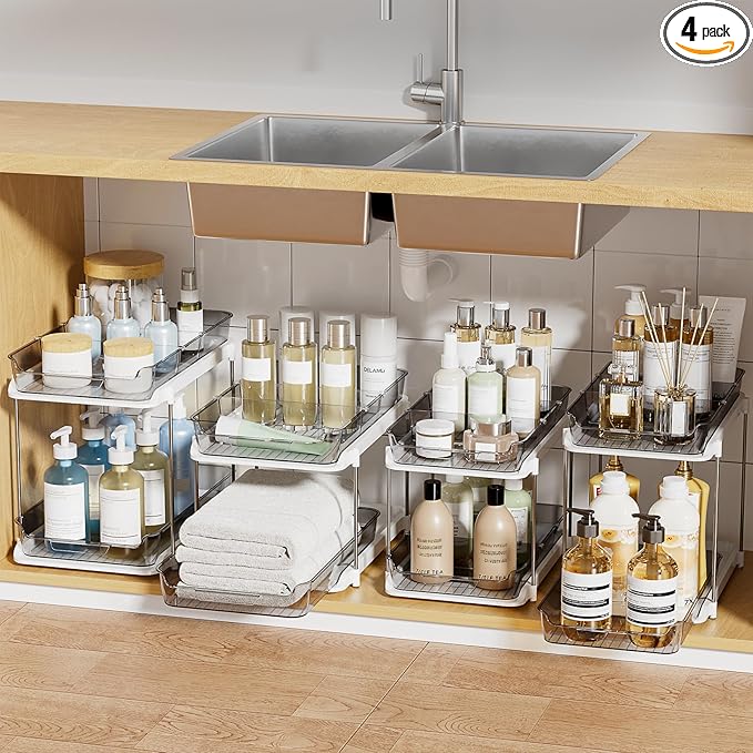 Delamu 2-Tier Multi-Purpose Bathroom Under Sink Organizers and Storage, Stackable Kitchen Pantry Organization, Pull Out Medicine Cabinet Organizer with Movable Dividers, Grey, 4 Pack