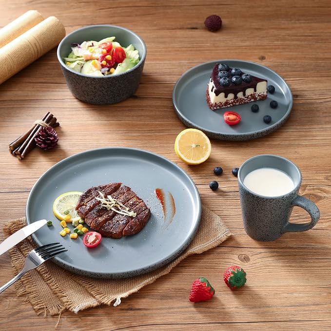 Bestone 16 Piece Round Kitchen Dinnerware Sets,Plates and Bowls sets,Dishes, Dinner Plates, Cereal Bowls Set，Bowls, Mugs, Dish Set，Plates and Bowls,Service for 4, Stoneware Dinnerware,grey matte