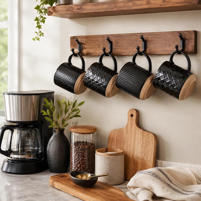 GBhome Large Coffee Mugs Set of 6, 16oz Handmade Stoneware Coffee Mugs Set with Large Handle for Cappuccino/Latte/Tea/Hot Cocoa, Dishwasher & Microwave Safe, Black