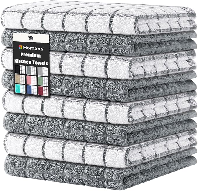 Homaxy Premium Cotton Kitchen Dish Cloths 12"x 12", Natural Ring Spun 390 GSM Dish Rags, Super Absorbent Terry Dish Towels, Soft Dishcloths with Hanging Loop, Grey Check Design, 8 Pack