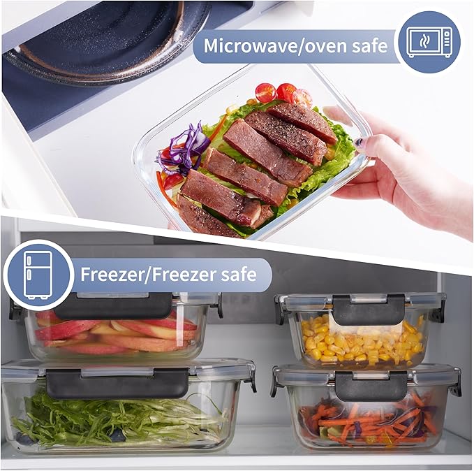 Glass Meal Prep Containers – 12-Piece Set with 8 Airtight Food Storage Boxes & 4 Leakproof Bottles for Sauces, Juices & Snacks – BPA-Free, Stackable, Microwave & Dishwasher Safe Meal Containers