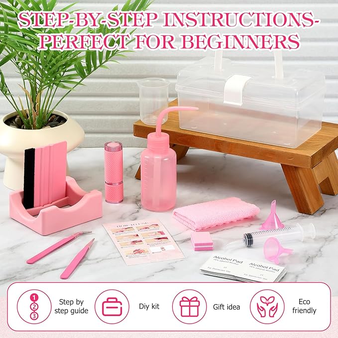 LemonRoad 15 Pcs Snow Globe DIY Tumbler Tool Kit Include Storage Box Squeeze Bottle Funnel Silicone Cup Cradle Measuring Cup Flashlight for Beginner Making Supplies Thanksgiving Day Gifts(Pink)