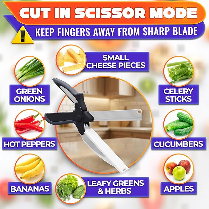 2 in 1 Kitchen Scissors for Food – Stainless Steel 9.5" Tomato Knife Chops Vegetables, Fruit, Cheese, Meat in Seconds | Dishwasher Safe Cutting Board Scissors with Safety Lock – Mess-Free Prep