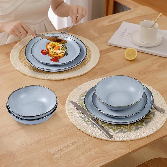 Herogo Stoneware Dinnerware Sets for 6, 18 Piece Ceramic Dinner Dishes Set, Irregular Handmade Plates and Bowls Dishware, Crack and Scratch Resistant, Reactive Glaze, Smoky Blue