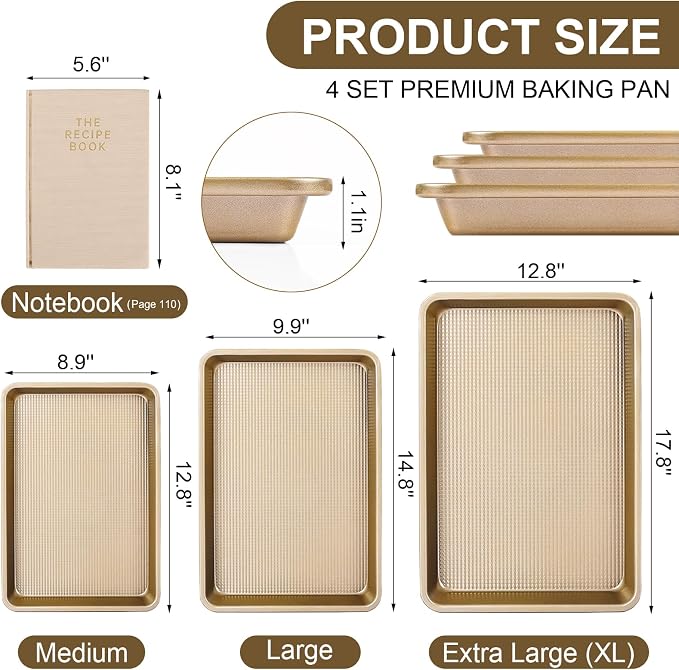 4Pcs Bakeware Set | 3 Baking Sheets and 1 Recipe Notebook Combo | Nonstick Cookie Sheets for Baking Supplies | No Rust & No Toxic Heavy Duty 3 Baking Trays 18''+15''+13'' & 1 Blank Recipe Book