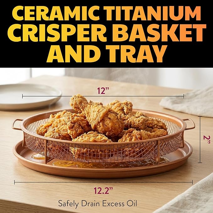 GOTHAM STEEL 2 Piece Copper Air Fryer Tray, Non Stick Air Fry Crisper Baskets for Air Fryers, Oven and Dishwasher Safe, Round Pizza & Bake Pan Frying, PFOA and PFOS Free, Durable & ScratchProof