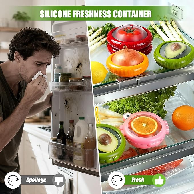 Set of 12 Fresh Food Containers with 2 Fruit Peeler, Fresh Pod, Reusable Silicone Storage Pods for Avocado, Onions, Tomatoes, Garlic – Freshness Seal for Fridge, Send Goods from Local Warehouse