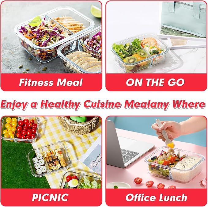 VERONES 10 Pack Glass Meal Prep Containers 2 Compartment Set, 30 OZ Airtight Glass Lunch Containers, Glass Food Storage Containers with Lids, for Microwave, Oven, Freezer & Dishwasher Friendly，Red
