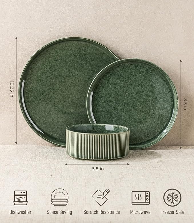 GBHOME 18-Piece Stoneware Dinnerware Set for 6 – Ribbed Ceramic Plates and Bowls, Scratch-Resistant, Microwave & Dishwasher Safe, Reactive Glaze, Dark Green