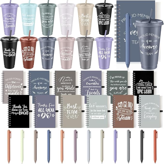 Shellwei 36 Pcs Employee Appreciation Gifts Bulk 24 oz Thank You Tumbler with Lid and Straw Mini Spiral Notebooks and Pens Appreciation Gifts for Team Employee Coworkers Teacher (Bright)
