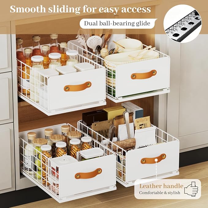 Pull Out Cabinet Organizer, No-Drill Pantry Drawers, Slide Out Shelves with Bamboo Risers for Lipped Cabinets,Ideal for Kitchen, Bathroom & Under Sink Storage (White, 9.8" Wide-15.7" Deep)