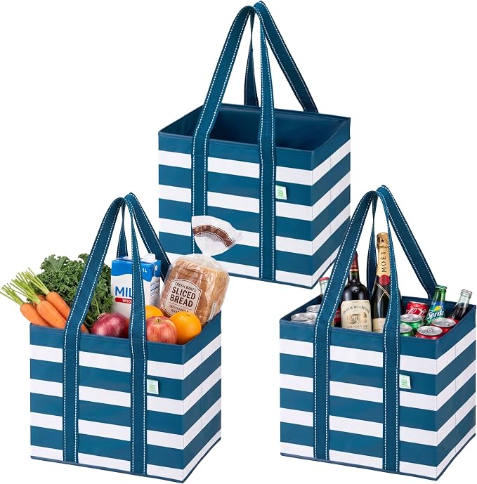 VENO 3 Pack Reusable Grocery Bags, Shopping Bags for groceries, Utility Tote with Handles and Hard Bottom, Foldable Shopping Cart Organizer, Heavy-Duty (Classic Navy, 6 Gallon-3 Pack)