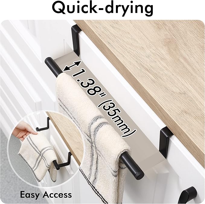 KES Over The Cabinet Door Towel Bar with Hooks, Kitchen Towel Holder with Hooks for Hanging Utensils, Over The Cabinet Door Organizer with Hook 2 Pack, Matte Black, Metal, KUR527-BK-P2