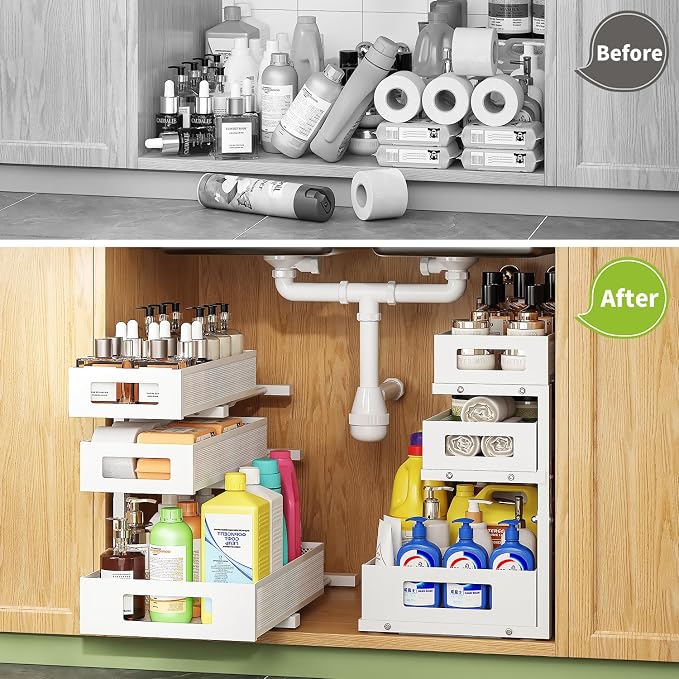 3-Tier Under Sink Organizer,2 Pack Height Adjustable Pull Out Cabinet Organizer Shelf, Thickened Metal Slide out Storage Drawer Rack for Bathroom Laundry Room Kitchen Pantry Organization (White)