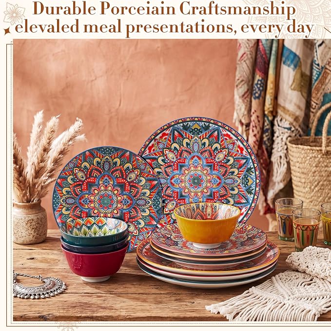 Domensi 12 Pieces Ceramic Dinnerware Sets Porcelain Plates and Bowls Set Service for 4 Ceramic Boho Dishes Tableware Bohemian Style Diningware Housewarming Wedding Gift