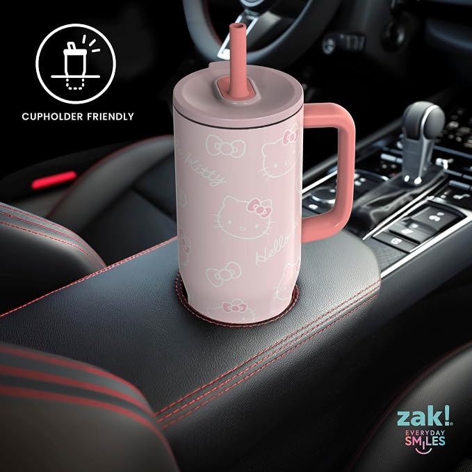 Zak Designs Sanrio Sutton Travel Tumbler for On the Go, 30oz Stainless Steel with Vacuum Insulation, Silicone Straw, and Carry Handle for Cold Drinks (Hello Kitty)
