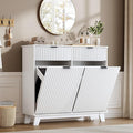 Double Tilt Out Laundry Hamper Cabinet, 20 Gallon Wooden Trash Can Cabinet with Drawers, Hidden Fluted Bathroom Storage Cabinet for Kitchen, Living Room (White, 39.34" W x 35.83" H x 13" D)