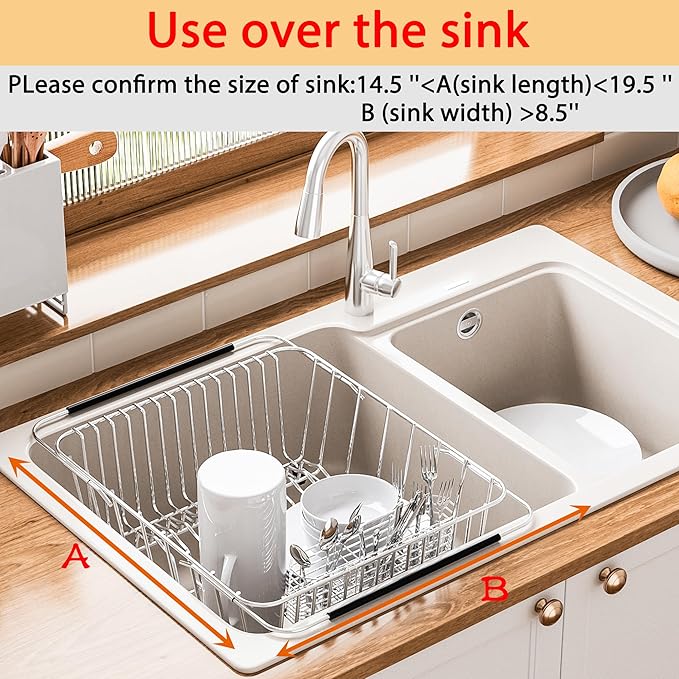 NiuYichee Stainless Steel Dish Drying Rack(15"L x 8.3"W x 4.2"D), Expandable Fruit & Vegetable Drain Rack over Sink, Dish Drainer Rack in Sink, with Stainless Steel Utensil Holder & 16" Silicone Mat