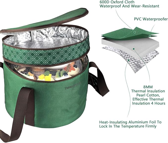 2 Pack Pie Carrier with Lids and Handles, Loadable Cupcake or Pizza Storage Containers, Includes Insulated Bags and Insulated Non-Slip Pads, Perfect for Transportation (Green)