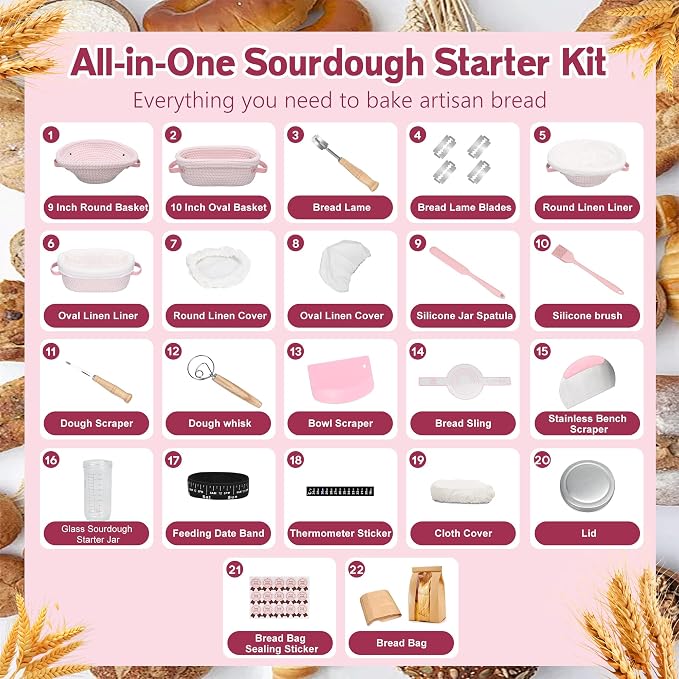 Sourdough Starter Kit with 2 Proofing Baskets (Oval & Round) & Sourdough Starter Jar, Complete Sourdough Bread Baking Supplies for Artisan Bread Ideal Gift for Women Mom Wife Bakers