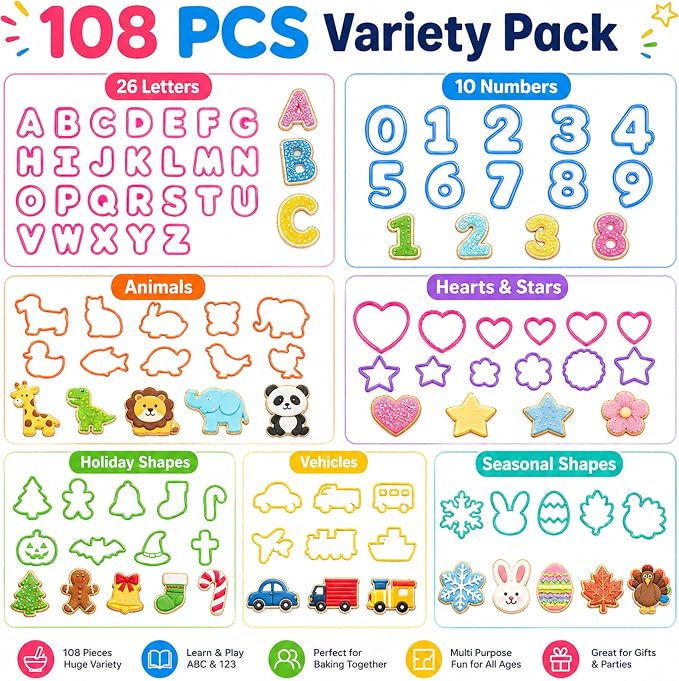 108PCS Shape Cookie Cutters Bulk – Big Plastic Baking Cookie Cutters Variety Pack for All Purpose, Alphabet Numbers Animals Hearts and Other Shapes for Baking Bento Box Bakeware Holiday Birthday Party