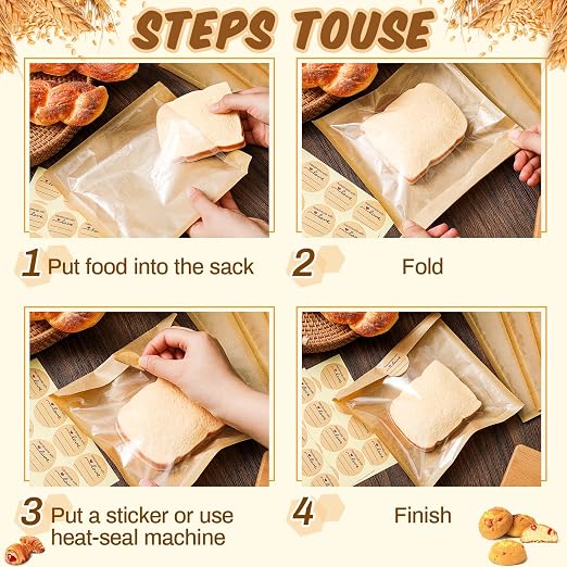 Outus 200 Pcs Cookie Packaging Bags with Seal, 7.1 x 7.5 Inch Bakery Pastry Bags with Window, Heat Sealable Grease Resistant Paper to Go Bake Sleeves for Gift Giving Donut Bread Sandwich (Brown)