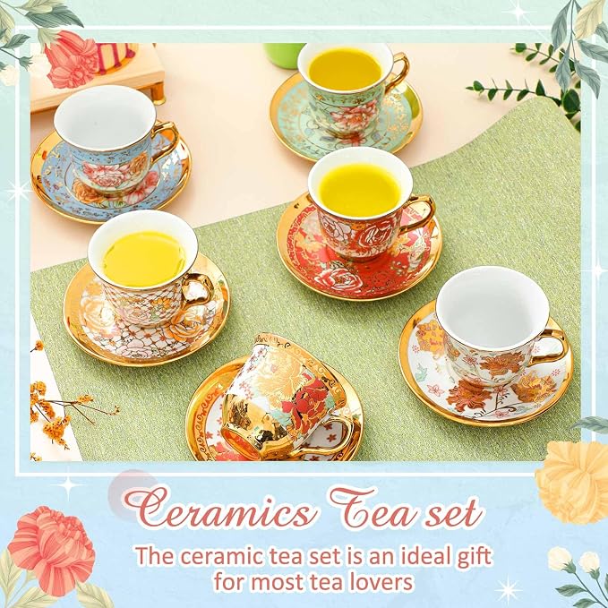 Teenyyou Set of 6 Tea Cups and Saucers Tea Party Decorations Floral Porcelain 5.4 oz British Gift for Women Birthday Party, Church, and Mother's Day (Stylish Style)