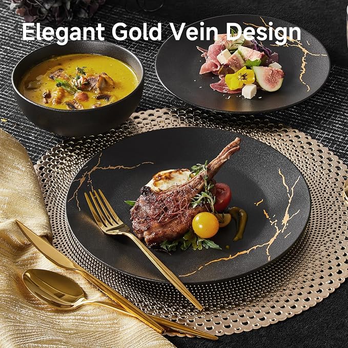 KINGSTONE Dinnerware Sets for 8, Black & Gold Plates and Bowls Sets Matte Vein Dish Set, Modern Luxury Tableware Dinner Salad Plate bowl, for Home Wedding Party Gifts (24 Piece)