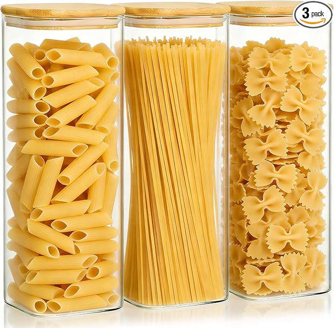 KEYWING 72oz Glass Spaghetti Pasta Storage Containers with Lids, 3-Pack Tall Square Airtight Food Jars for Pantry Noodles Flour Oats Cereal Sugar Beans