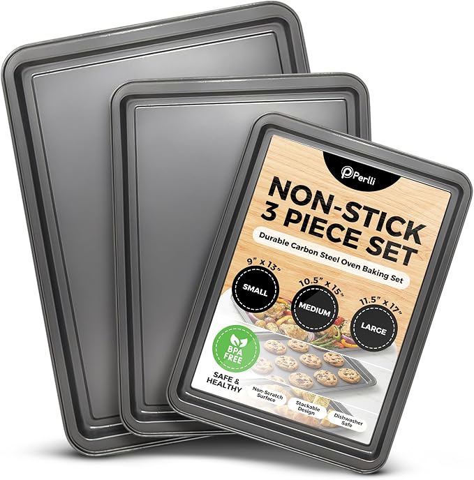 PERLLI Non-Stick 3-Piece Baking Pan Set – Carbon Steel with Even Heat Distribution, Oven Safe to 446°F, BPA-Free, Dishwasher Safe, Stackable Baking Tools for Easy Storage and Everyday Cooking - Gray