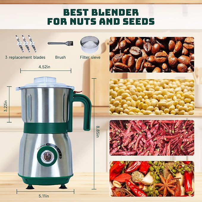 Electric Spice and Nut Grinders - 3 Stainless Steel Blades, 1 Filter, 1 Brush - 500W Grinder for Kitchen, Dry Use (Green)