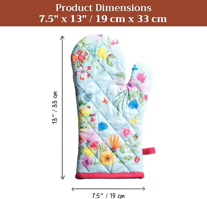Maison d'Hermine Oven Gloves 100% Cotton Oven Mitt 7" x 13" with Loop Heat Resistant BBQ Cooking Gloves Baking Grilling Gifts for Mothers Day Spring/Summer (Pack of 1, Jardin D'Ete - Mint)