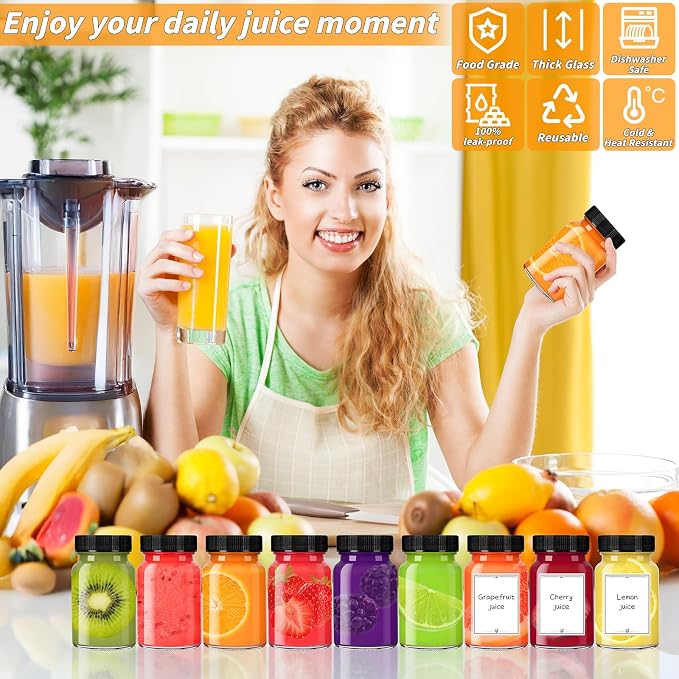 80 Pack 2 oz Glass Shot Bottles with Black Lids Small Clear Glass Jar for Ginger Shot Mini Juice Bottle Reusable Wide Mouth Travel Cup Leakage-Proof with Labels for Wellness Juice Milk Potion Liquids